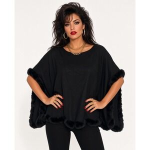 Chico's Black Faux Fur Trim Sweater Poncho Cashmere Blend L/XL Mobwife Classic